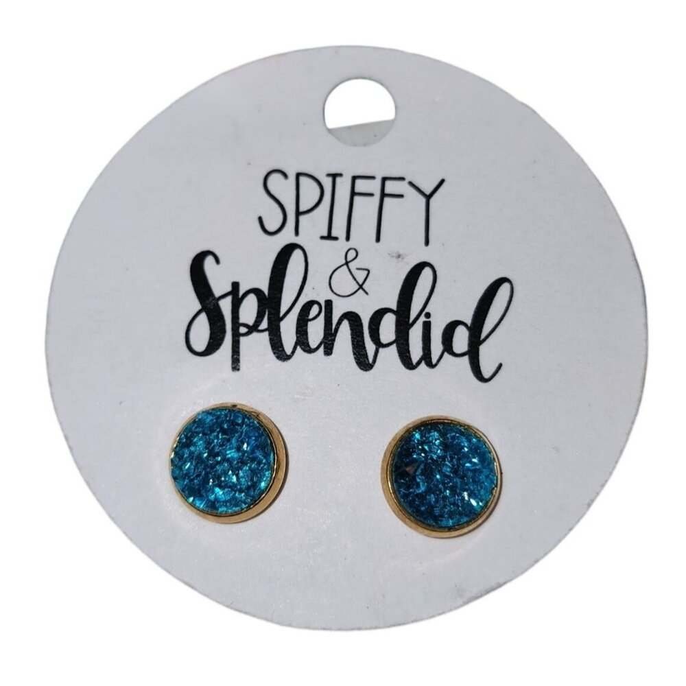 NEW Spiffy & Splendid Geode Druzy Stud Earrings Blue Beautiful Goldtone Jewelry